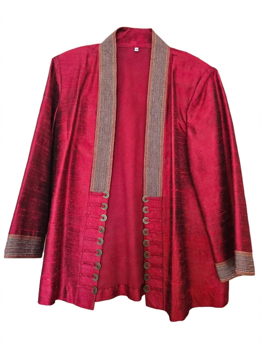 Women's Deep Red Open-Front Blazer with Metallic Trim